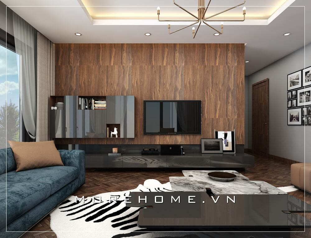 Trang trí nội thất phòng khách biệt thự đẹp sử dụng ốp gỗ tường sau ti vi tạo điểm nhấn nổi bật cho căn phòng